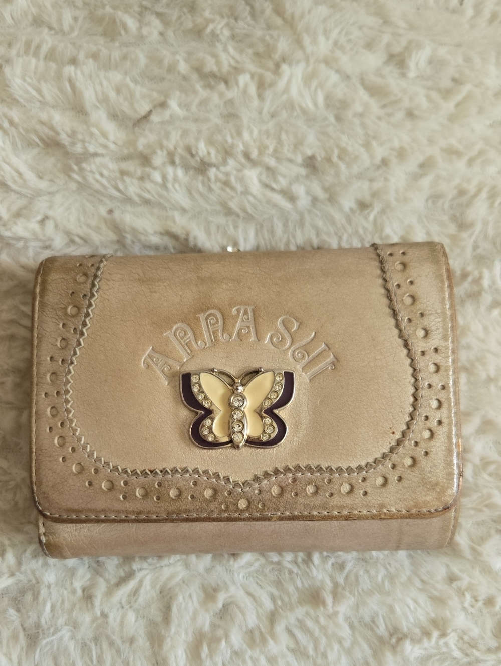 Anna Sui Beige Wallet with Butterfly Emblem Kiss Lock Coin